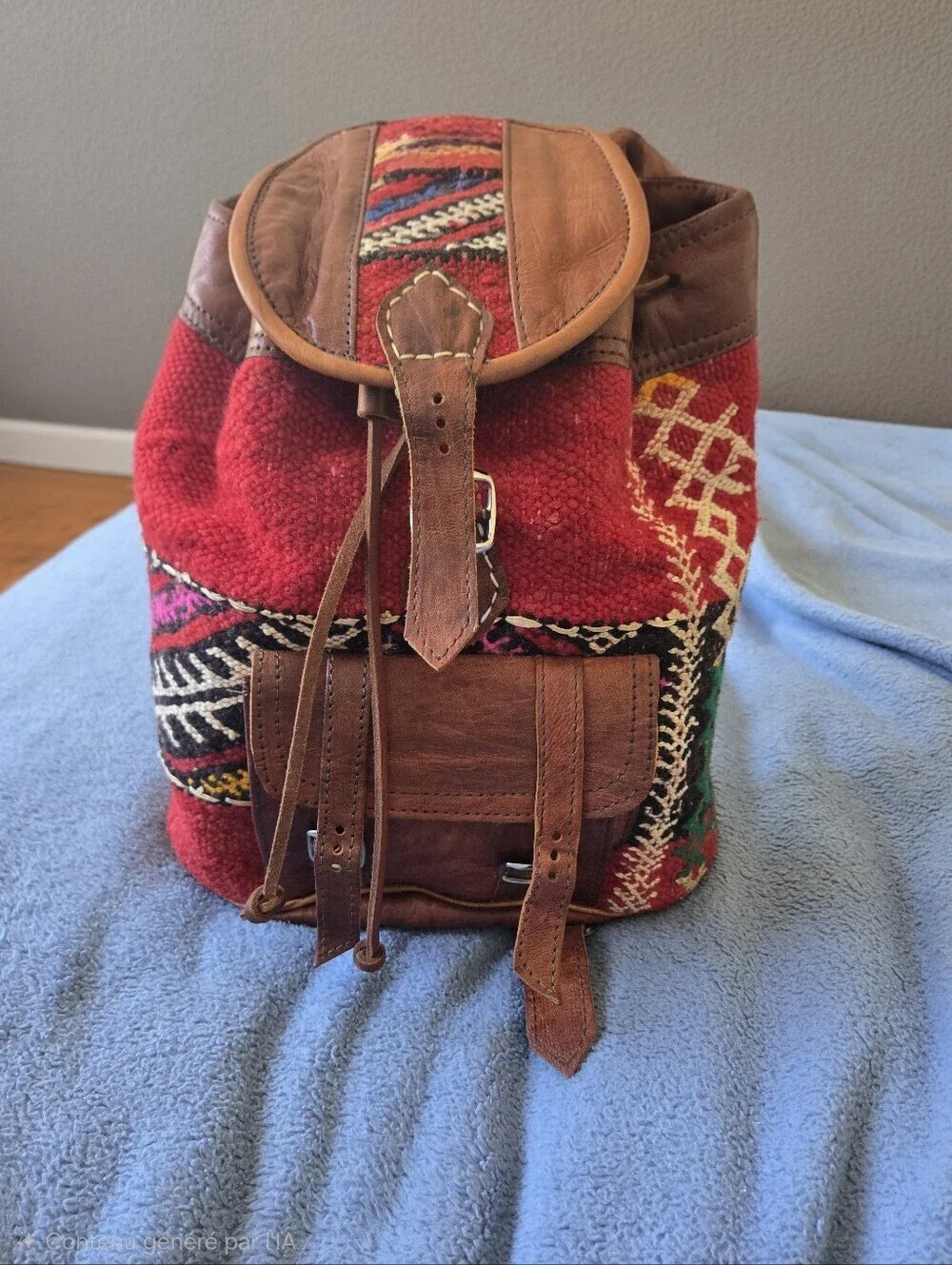 Handmade Moroccan Kilim Leather Backpack Red Southwestern Tribal Boho Rucksack - Picture 3 of 15